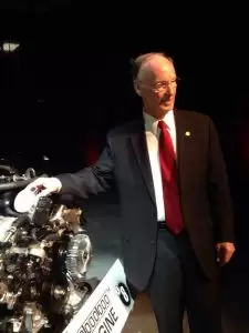 Gov. Robert Bentley stands with Toyota's milestone 3-millionth Alabama-build engine at a ceremony at the automaker's Huntsville plant, Tuesday, Feb. 18, 2014.
