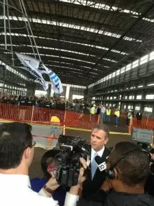 HPM President Mike Lanier speaks to media after Airbus topping out ceremony.