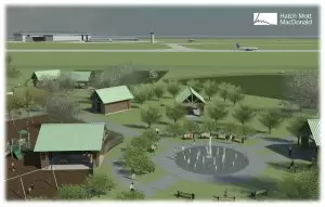 This Hatch Mott MacDonald rendering shows a view of Doyle Park facing the Airbus assembly line.