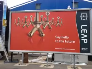 A billboard at the Farnborough Airshow shows the part GE Aviation will make in Auburn.