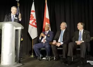 Brian Hilson, President and CEO of the Birmingham Business Alliance, speaks at an announcement on Tuesday, Oct. 22, 2014 that IMS, a Birmingham-based company Steris acquired earlier this year is expanding. Also pictured, from right, Alabama Governor Robert Bentley, Steris Corporation President and CEO Walt Rosebrough and Birmingham Mayor William Bell.