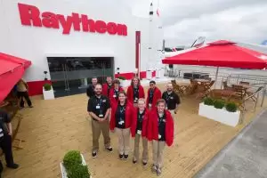 The RCS Engineering Team pose at the Raytheon chalet at the Paris Air Show, where it won the 2015 International Rocketry Competition.