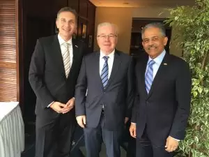 From left, Arndt Siepmann of the City of Auburn, Ulrich Berghoff of the Berghoff Group, and Vinai K. Thummalapally of SelectUSA at Hannover Messe.