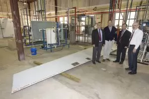 Airbus donated an A330 elevator to the University of South Alabama to help the school in research and educational programs. Standing with the elevator are, from left, Dr. John Steadman, dean of the College of Engineering; David Trent, Airbus Mobile Engineering Center site director; Dr. Kuang-Ting Hsiao, USA mechanical engineering professor; and Dr. David Nelson, chair of mechanical engineering. (Image: USA)