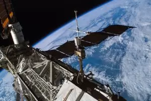 The Space Environmental Effects team at NASA's Marshall Space Flight Center in Huntsville, Alabama, developed the Floating Potential Measurement Unit, seen at right mounted to a truss on the International Space Station. The FPMU measures electrical charges that can build on solar arrays and surfaces in orbit. (Image: NASA)