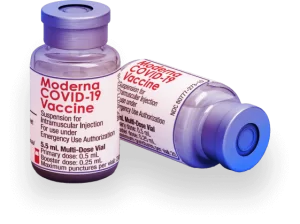 Two vials of the Moderna COVID-19 vaccine.