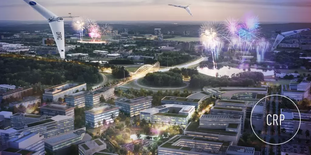 A futuristic aerial rendering of Cummings Research Park featuring colorful fireworks and drones.