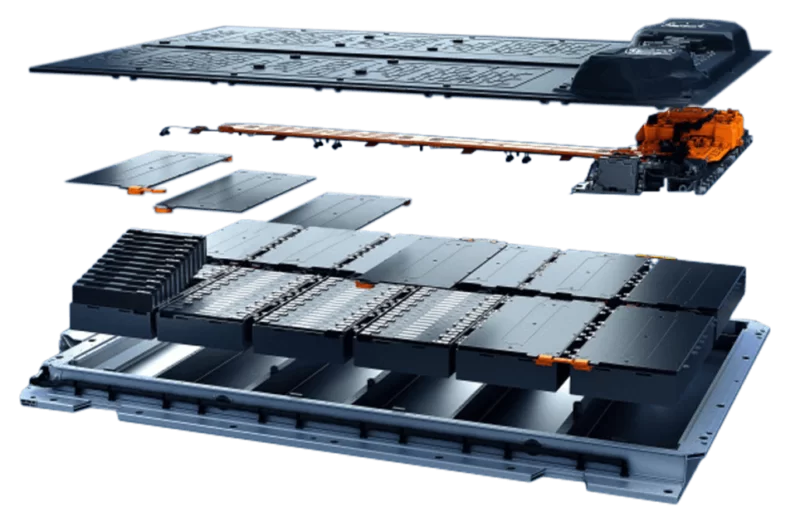 A flat electric vehicle battery array in an exploded view, allowing examination of the individual components