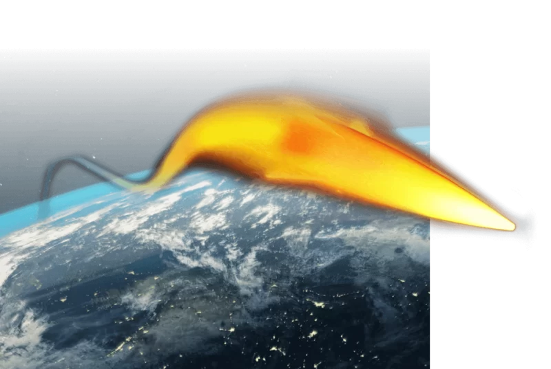 A swooping fireball in the atmosphere above the Earth.