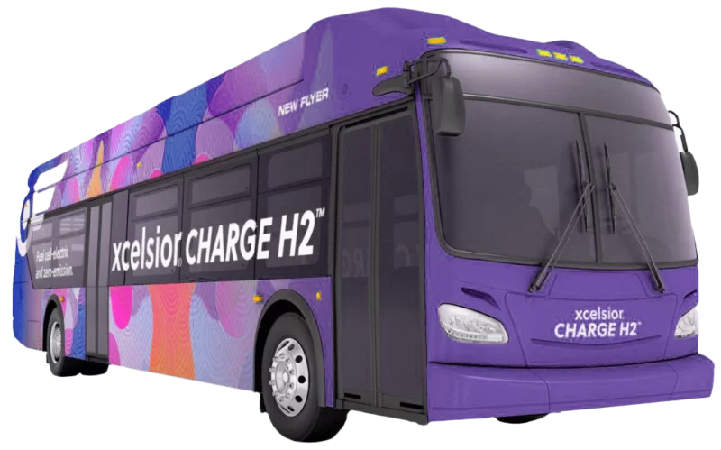 An electric bus with a colorful purple, blue, and orange wrap.