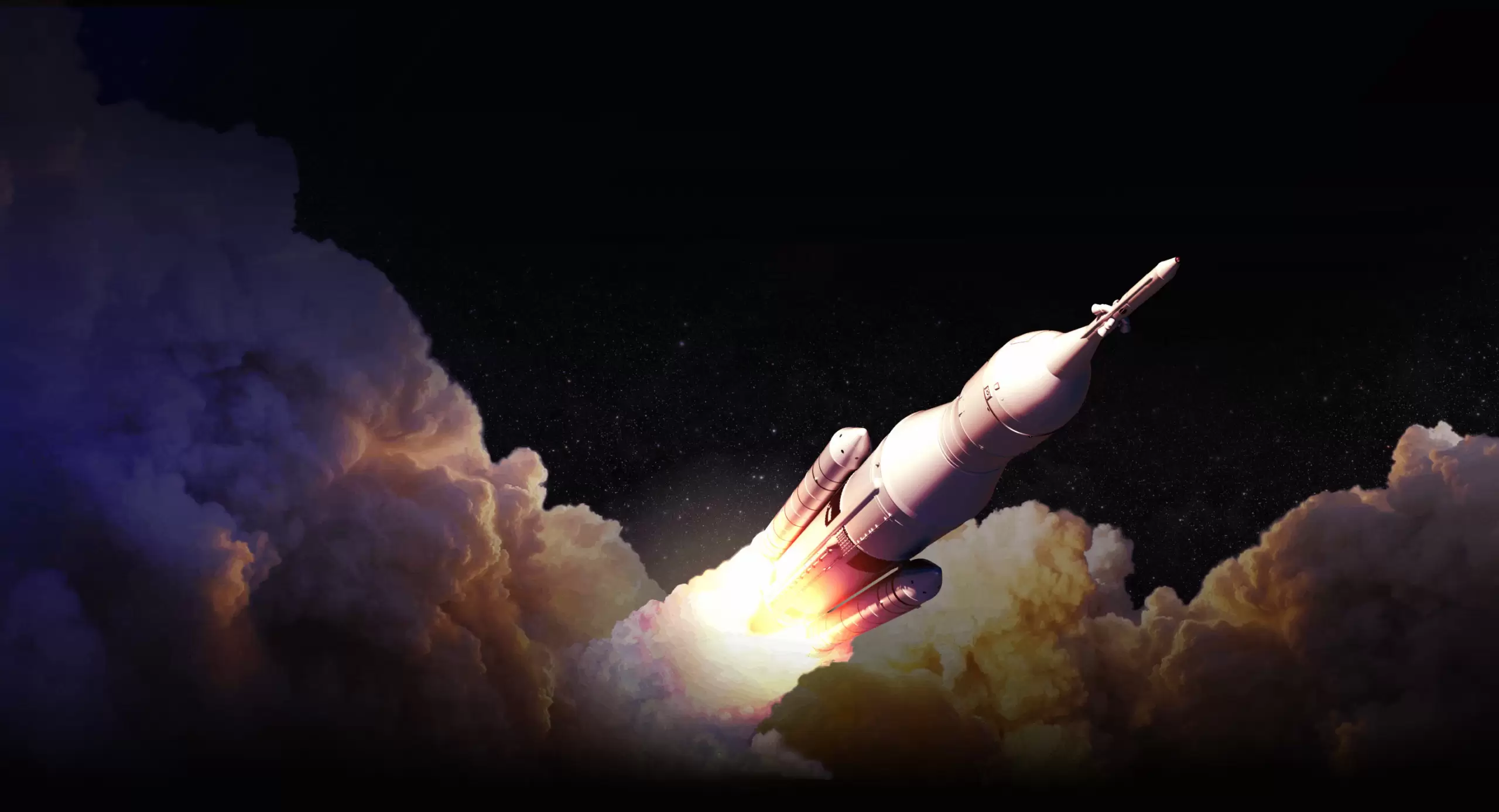 A rocket taking off with a stylized star field background.