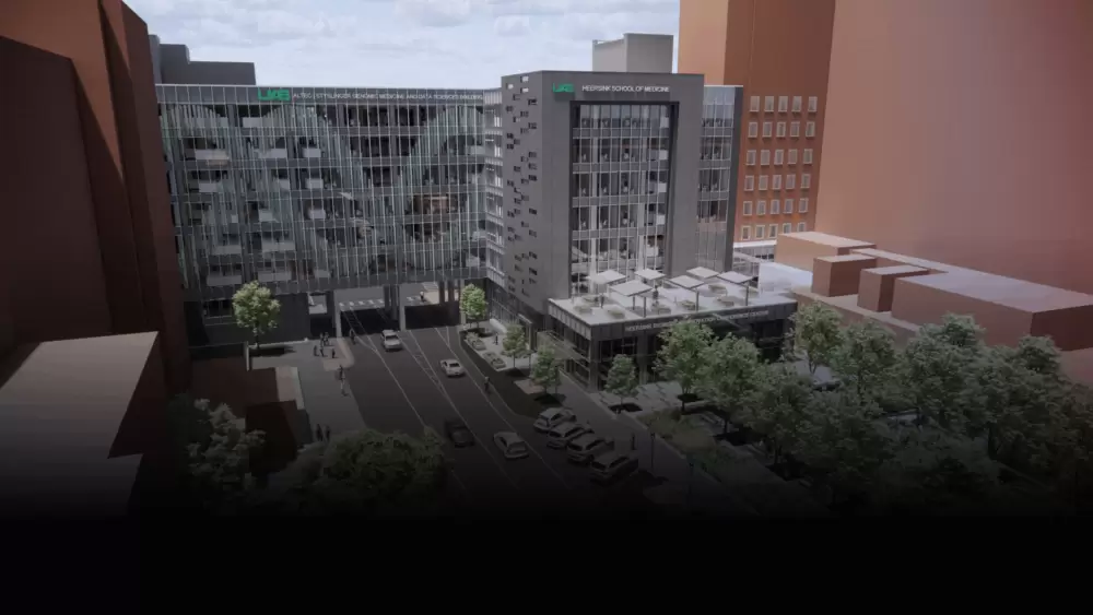 Aerial shot of a rendering of UAB's Altec/Styslinger Genomic Medicine and Data Sciences Building.