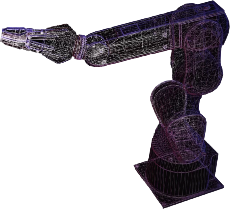 A wireframe 3D model of a robotic arm that would be used to build cars.