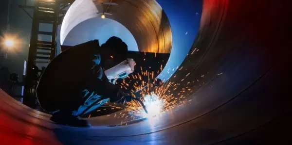 A person squatting in a giant pipe, welding the pipe together. Sparks are flying from the welder.